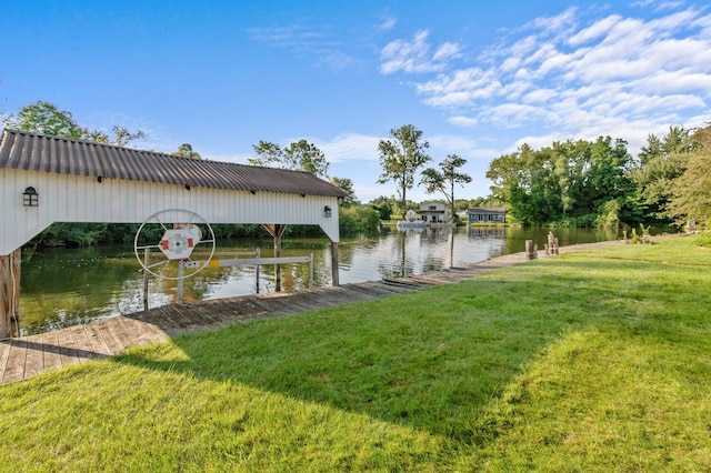 view of dock featuring a water view and a lawn