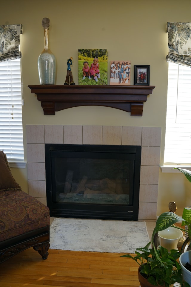 details featuring a tiled fireplace and wood finished floors