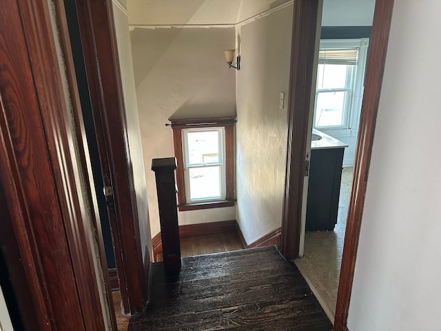 corridor with a healthy amount of sunlight, baseboards, and wood finished floors