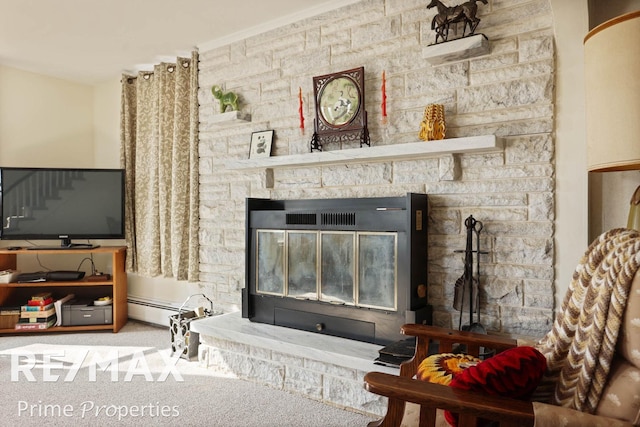 room details with carpet floors, a baseboard heating unit, and a stone fireplace