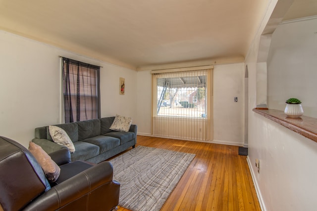 living room with wood-type flooring and baseboards