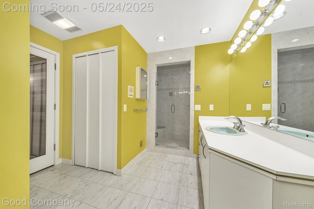 28036 Hickory Cir, Farmington Hills, MI 48331 - bathroom featuring vanity, a stall shower, baseboards, marble finish floors, and recessed lighting