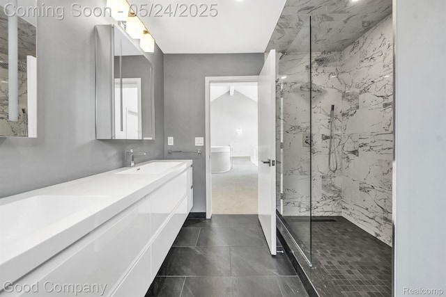 28036 Hickory Cir, Farmington Hills, MI 48331 - bathroom with a marble finish shower, double vanity, and tile patterned flooring