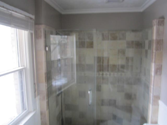 full bath with a shower stall, a wealth of natural light, and crown molding