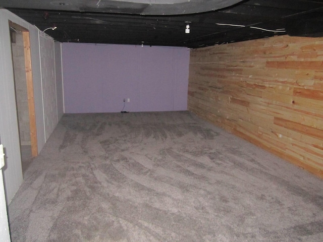 unfinished basement featuring carpet floors and wooden walls