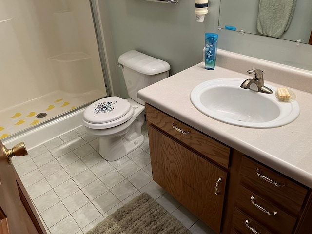 full bath featuring toilet, a stall shower, tile patterned flooring, and vanity