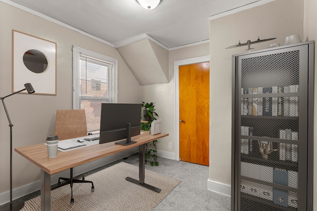 office featuring ornamental molding, carpet, and baseboards