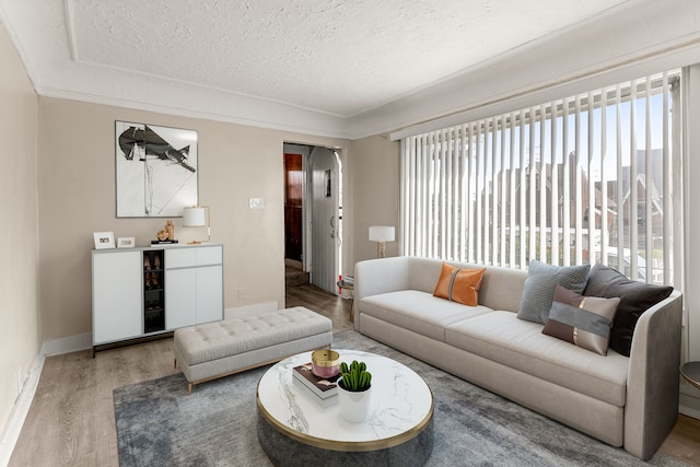 living area with baseboards, a textured ceiling, arched walkways, and wood finished floors