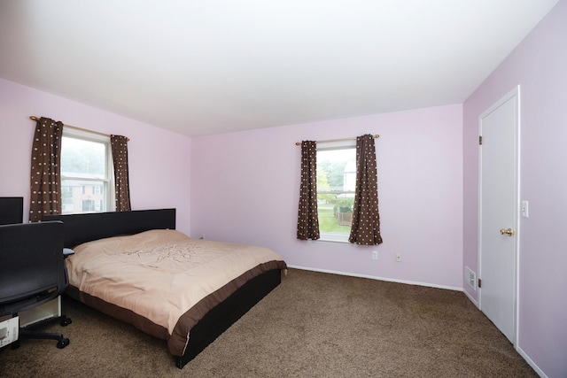 carpeted bedroom with multiple windows and baseboards