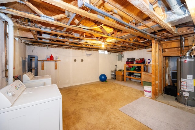 unfinished below grade area with electric panel, separate washer and dryer, and gas water heater