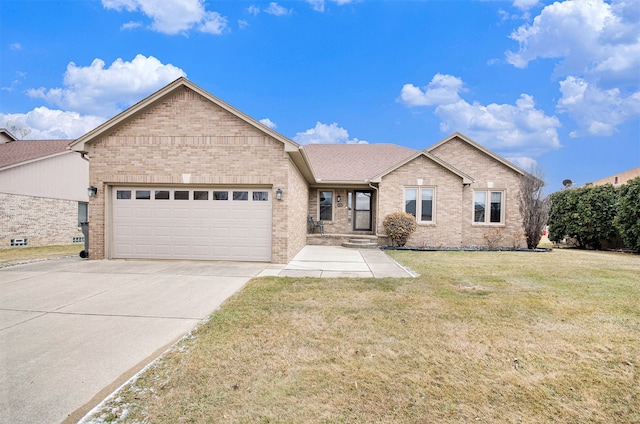 single story home with an attached garage, a front lawn, concrete driveway, and brick siding