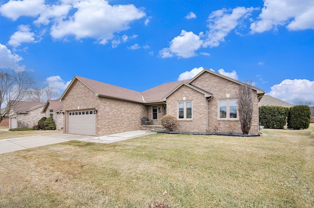 ranch-style home with a garage, brick siding, driveway, and a front yard