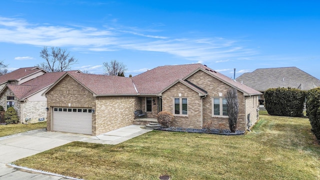 single story home with brick siding, an attached garage, concrete driveway, and a front lawn