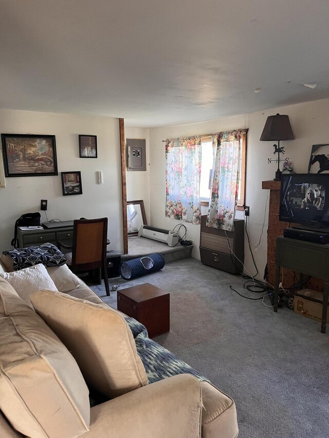 living room with carpet flooring and electric panel