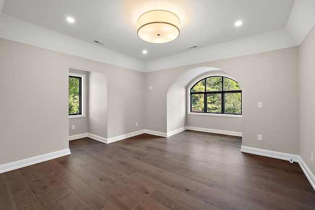 spare room featuring a wealth of natural light, dark wood finished floors, and visible vents