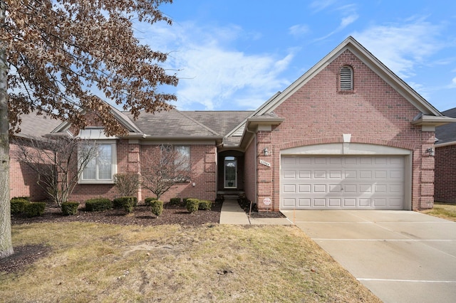 ranch-style house featuring a garage, concrete driveway, brick siding, and roof with shingles