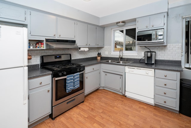 kitchen featuring under cabinet range hood, stainless steel appliances, a sink, light wood-type flooring, and dark countertops