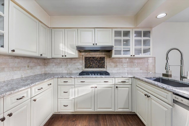 kitchen with under cabinet range hood, a sink, white cabinets, appliances with stainless steel finishes, and glass insert cabinets