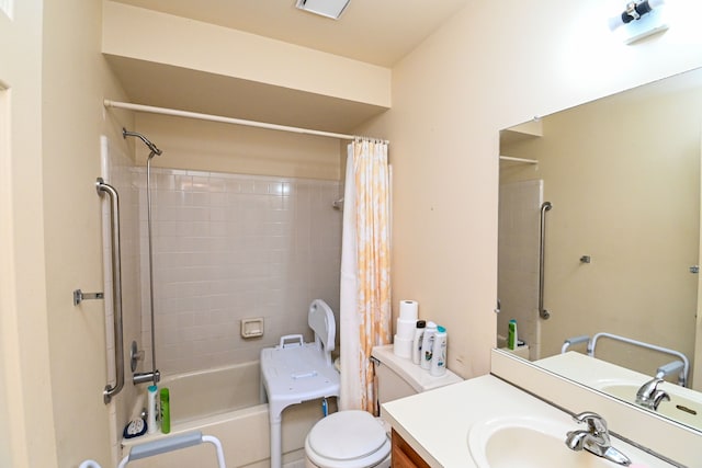 full bath featuring vanity, toilet, and shower / bathtub combination with curtain