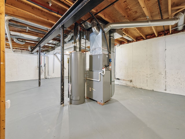 unfinished basement with gas water heater and heating unit