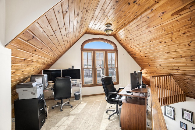 home office featuring light carpet, vaulted ceiling, and wooden ceiling