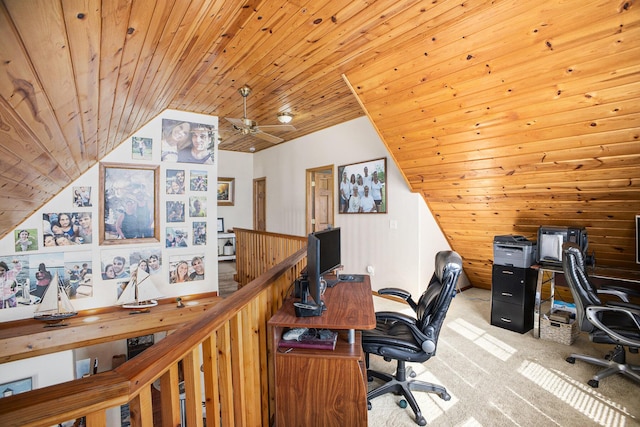 office with lofted ceiling, wooden ceiling, and light colored carpet