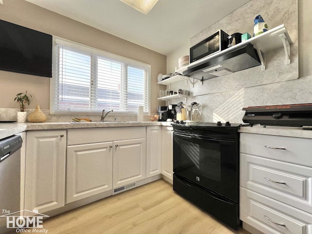 kitchen with electric range, white cabinets, light countertops, dishwasher, and open shelves