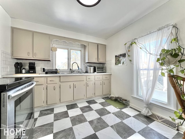 kitchen with electric range, visible vents, a sink, light countertops, and backsplash