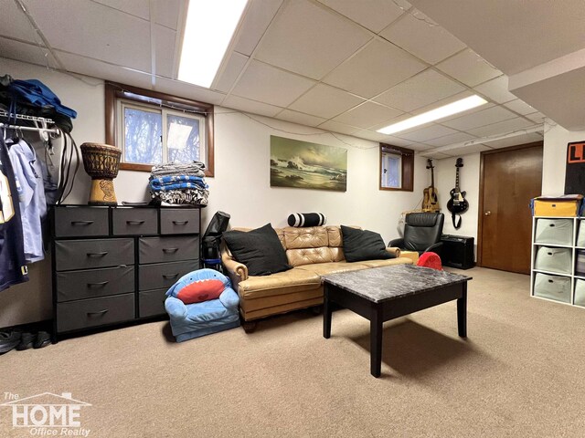 interior space with light carpet and a drop ceiling