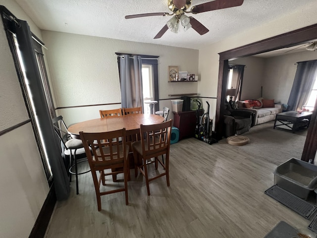 dining room featuring ceiling fan, a textured ceiling, and wood finished floors