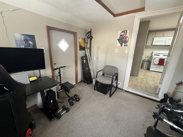 office featuring vaulted ceiling and light colored carpet