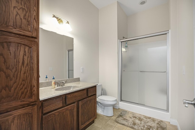 full bath with toilet, a stall shower, vanity, and tile patterned floors