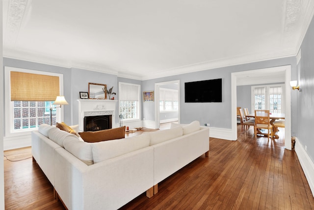 living area featuring plenty of natural light, a fireplace, baseboards, and dark wood finished floors