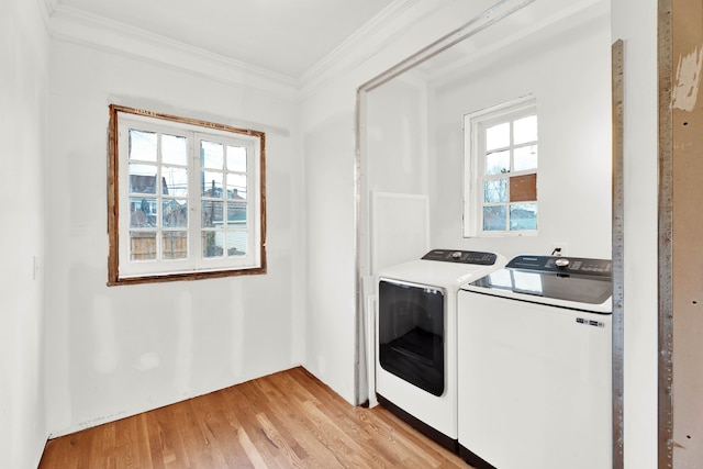 clothes washing area featuring laundry area, ornamental molding, light wood-type flooring, a wealth of natural light, and washer and clothes dryer