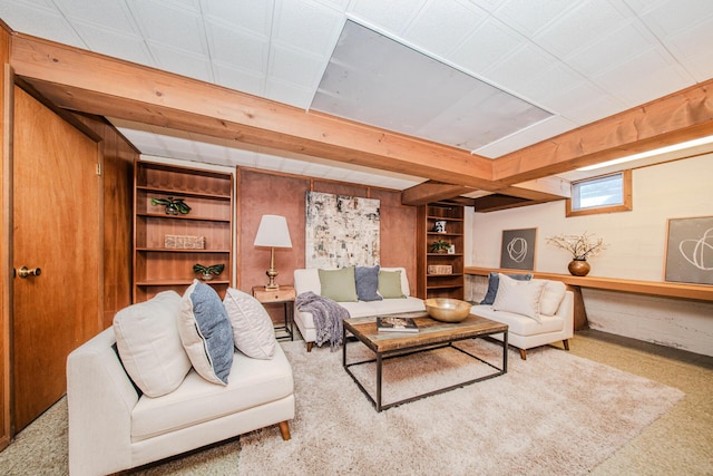 living room featuring built in shelves