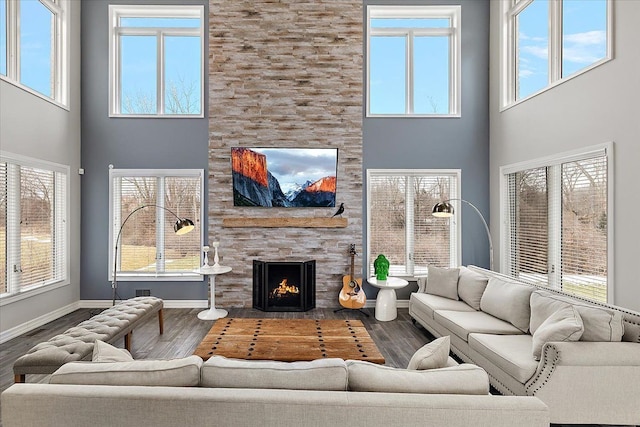 living area featuring wood finished floors, a high ceiling, a fireplace, and baseboards