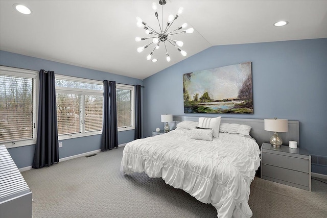 carpeted bedroom featuring visible vents, baseboards, lofted ceiling, recessed lighting, and a notable chandelier