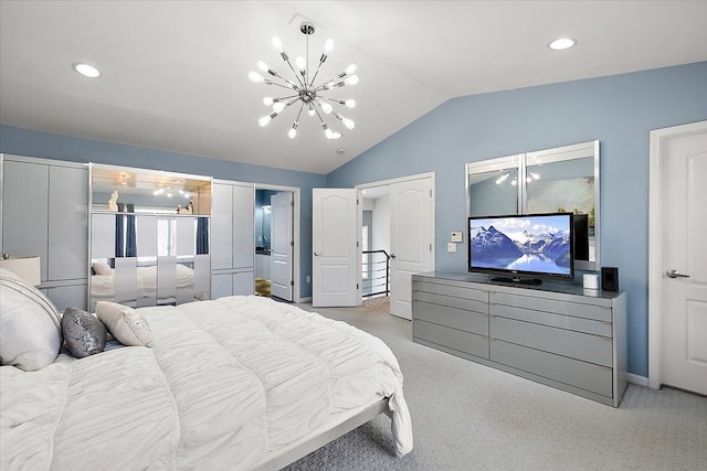 carpeted bedroom with recessed lighting, baseboards, lofted ceiling, and an inviting chandelier