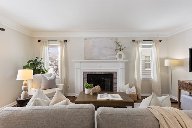 living room featuring ornamental molding, a fireplace, and baseboards