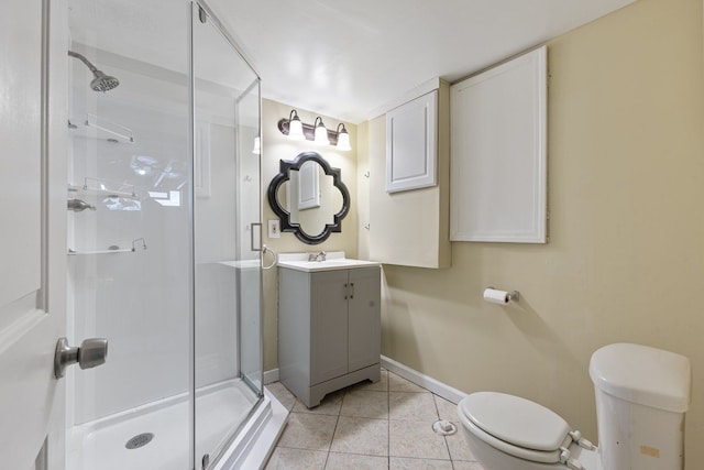 bathroom featuring a stall shower, baseboards, toilet, tile patterned flooring, and vanity