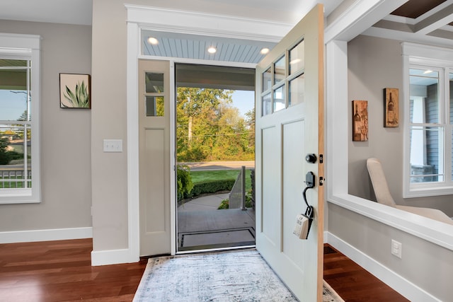 foyer featuring dark wood-style floors and baseboards