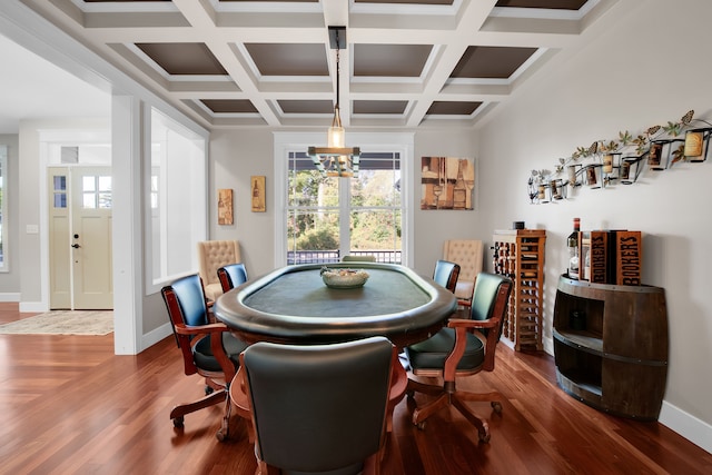 dining space with coffered ceiling, beamed ceiling, baseboards, and wood finished floors