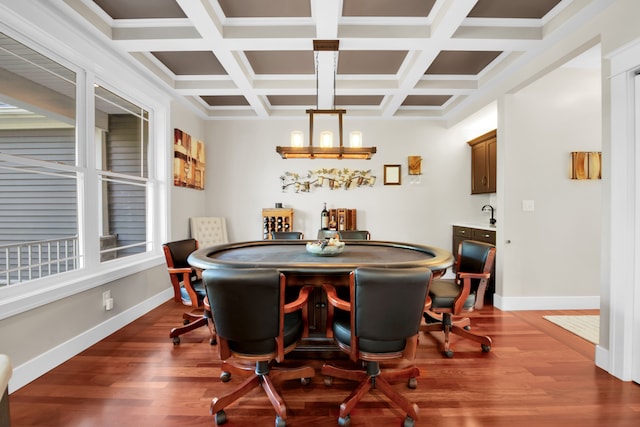 dining area with beamed ceiling, coffered ceiling, dark wood finished floors, and baseboards