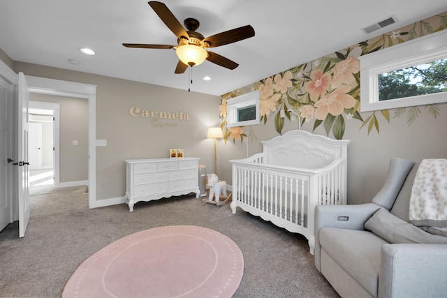 bedroom with carpet, recessed lighting, visible vents, and baseboards