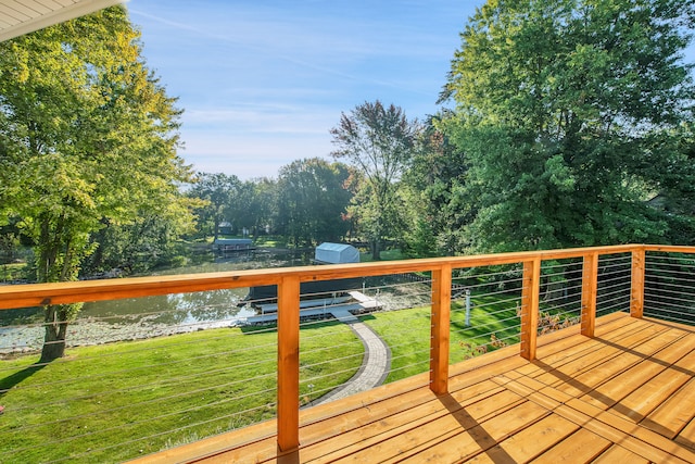 wooden deck with a water view and a yard