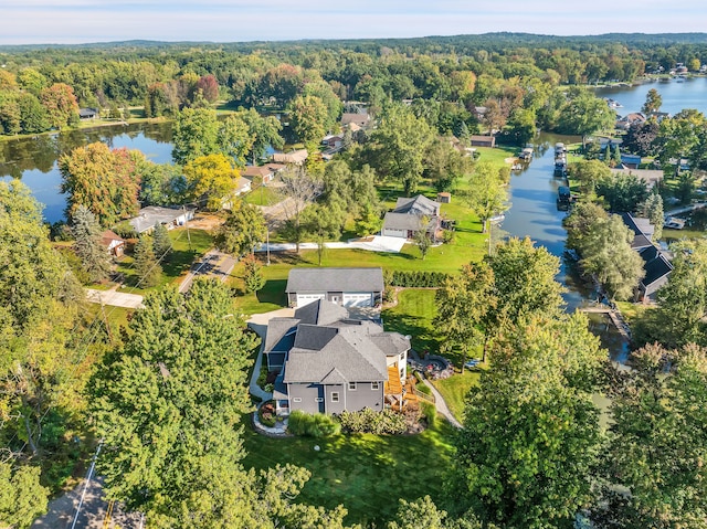 aerial view with a water view and a view of trees