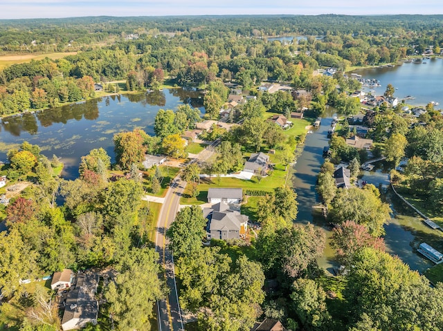 birds eye view of property featuring a water view and a view of trees