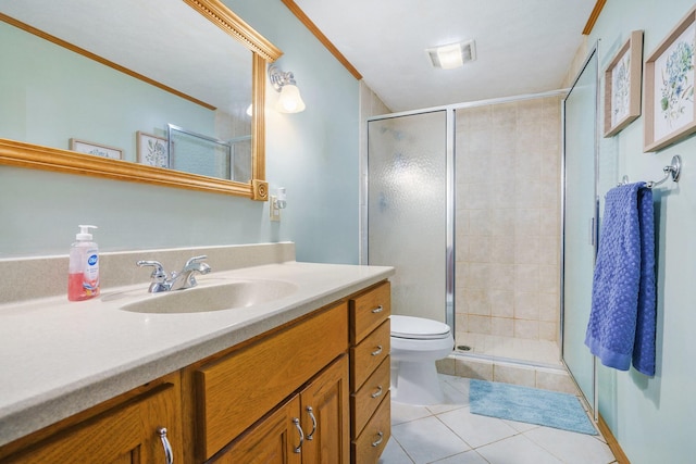 full bathroom featuring a shower stall, vanity, visible vents, and crown molding