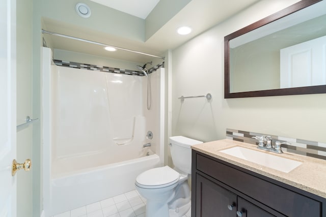 full bath featuring recessed lighting, shower / bathing tub combination, toilet, vanity, and tile patterned floors