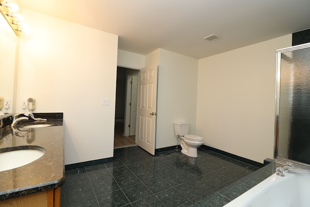 full bathroom featuring double vanity, a stall shower, baseboards, a bath, and a sink